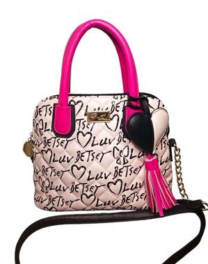 Luv Betsey Betsey Johnson Quilted Hearts Satchel Crossbody Bag White Pink Black